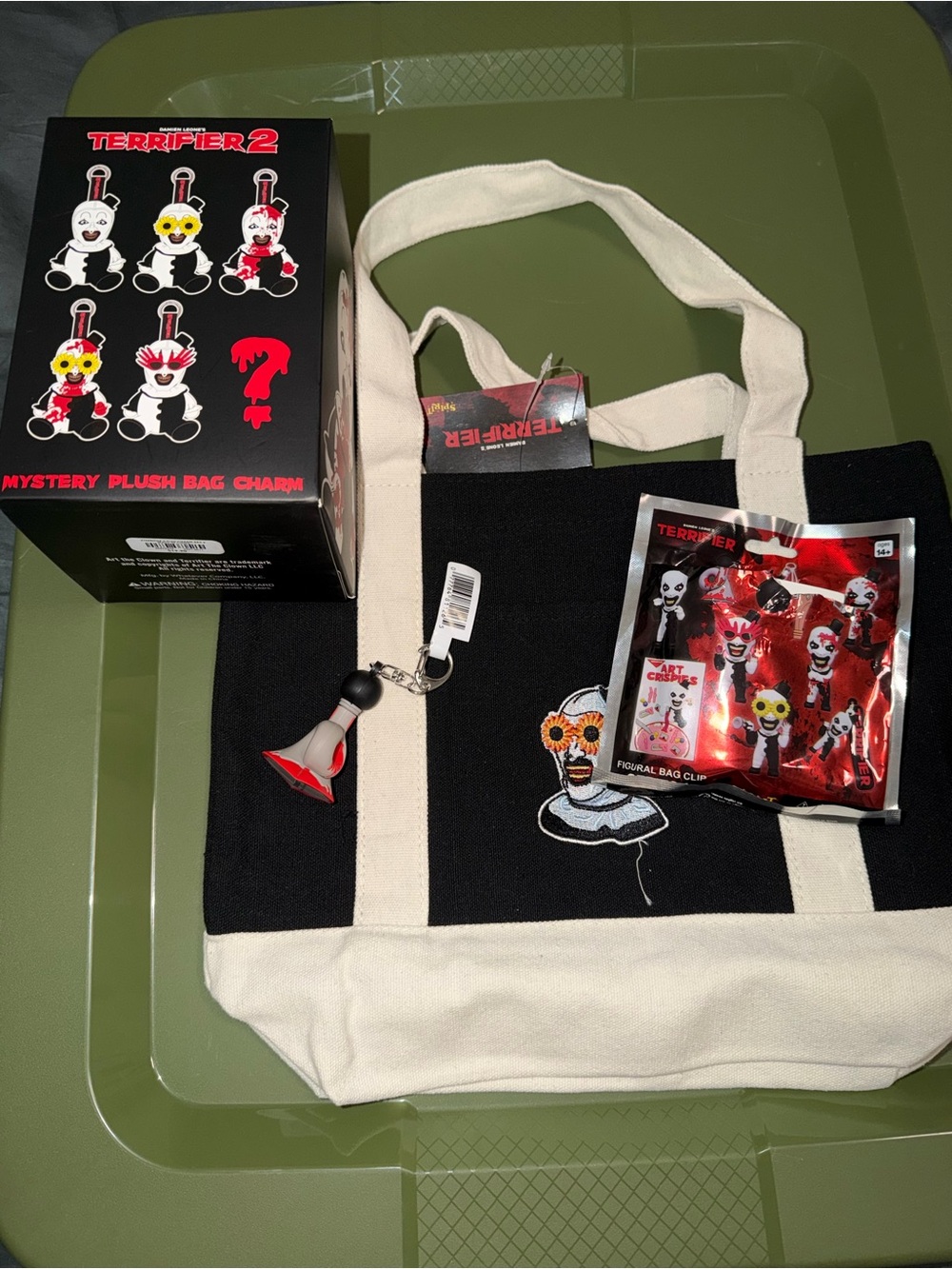 Spirit Halloween Terrifier Art the Clown Totes Bag, Mystery Plush, and Bag Clip